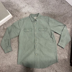 LL Bean Shirt Mens M Tall GRN Sunwashed Canvas Work Flap Pockets Traditional VTG